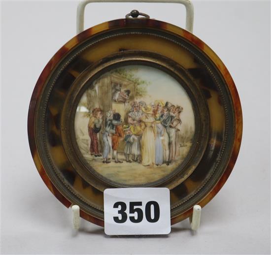 Late 19th century French School, oil on ivory, miniature of figures watching a Punch and Judy show,